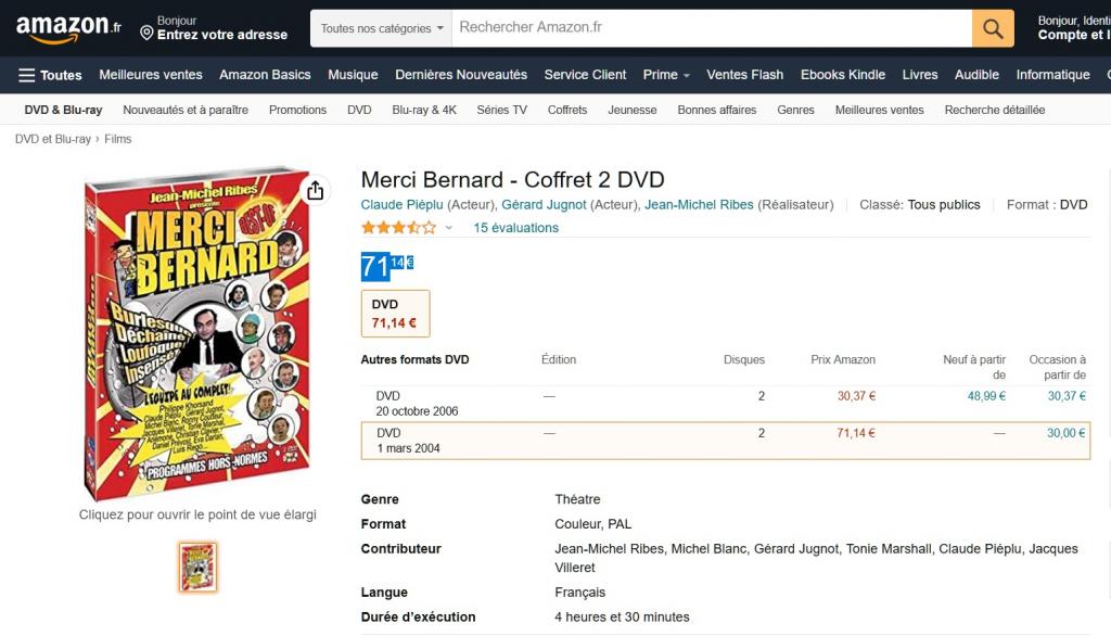 Capture Amazon - DVD de Merci Bernard à 71,14€