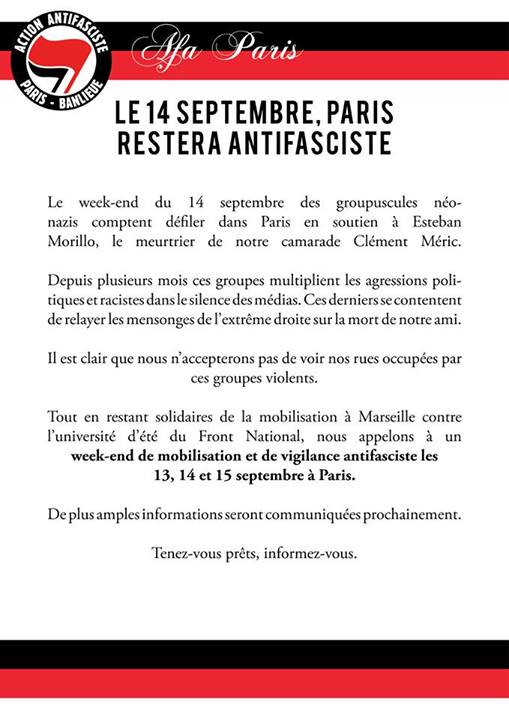 14 septembre : Paris restera antifasciste!